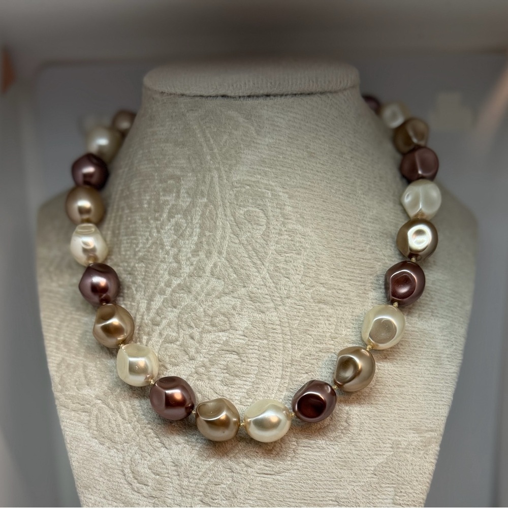 Multi Color Faux Pearl Statement Necklace Champagne Cream Brown Beads